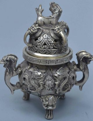 Old Noble Ancient Collectable Miao Silver Carve Dragon Play Ball Incense Burner 4
