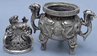 Old Noble Ancient Collectable Miao Silver Carve Dragon Play Ball Incense Burner 5