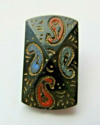 Spectacular Antique Vtg Victorian Black Glass Button Enamel Paisley Design (j)