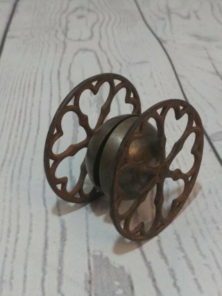 Antique Cast Iron Bell Ringer Pull Toy Ornate Heart Wheels - - Victorian