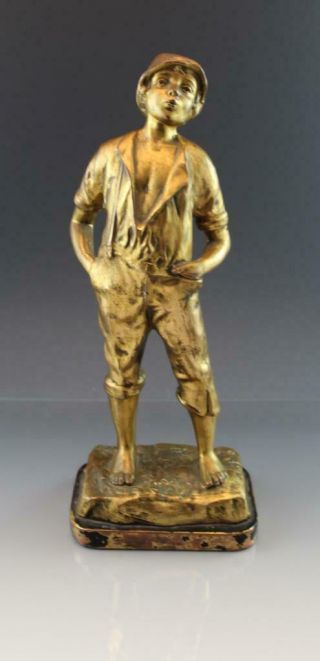 Antique Gilt Bronze Patina Spelter Figure Of A Young Boy W/ A Hat