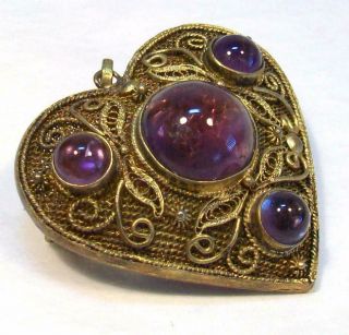Antique Chinese Gold Over Sterling Silver Purple Amethyst Heart Pendant / Pin