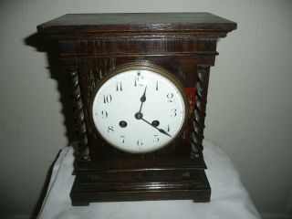 Antique,  French,  Vincenti & Cie,  Mantle Clock In Oak Case,  Barley Twist Supports