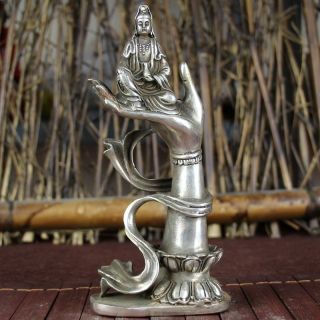 China Old Feng Shui Ornaments Silver Plating Hand Of Buddha On Guanyin Statue