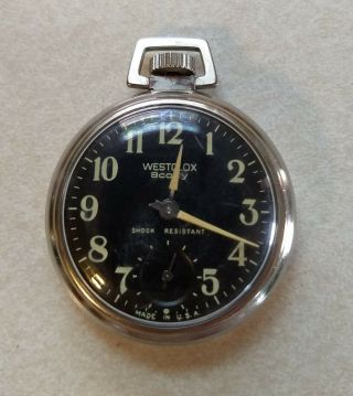 Vintage Westclox Scotty Pocket Watch,  Runs,  Open Face,  Black Dial,  Made In The Usa