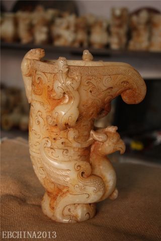 8 " China Natural Old White Jade Master Carved Bird Beast Statue Cup Jar Pot