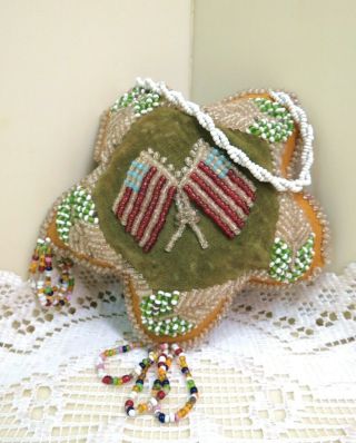 Antique Victorian American Flag Seed Beaded Pin Cushion Whimsey Souvenir Lovely