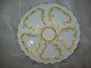 Antique Weimar Made In Germany Porcelain Oyster Plate White Yellow W/gold Rim