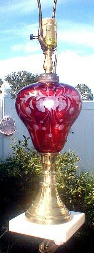 Vintage Cranberry Glass Etched Table Lamp On Marble Base