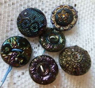 6 Black Glas Imitation Fabric Carnival Luster Pretty Antique Small Buttons