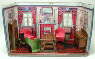 Vintage Marx Newlywed Tin Litho Parlor Room With Furniture 1920 