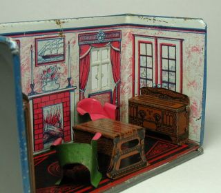 Vintage Marx Newlywed Tin Litho Parlor Room With Furniture 1920 ' s - 2