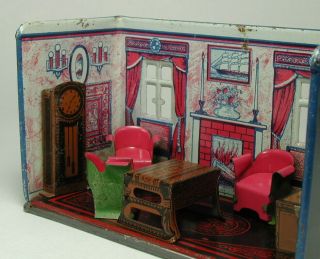 Vintage Marx Newlywed Tin Litho Parlor Room With Furniture 1920 ' s - 3