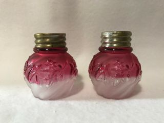 Antique Northwood Royal Ivy Frosted Rubina Glass Salt & Pepper Shakers
