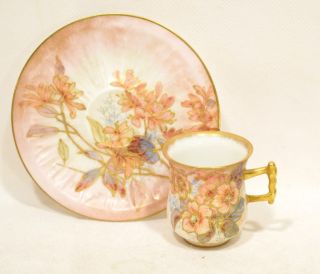 Very Fine Antique Porcelain Demi - Tasse Cup & Suacer H/p Florals Raised Gold