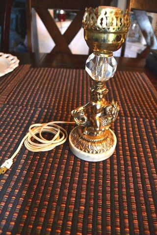 Small Vintage Cherub Mermaid Serpent Brass Marble Crystal Glass Table Lamp