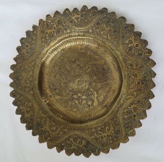 19th C.  Antique India Brass Small Tray W/ Etched Deer