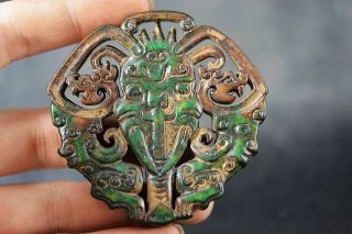 Rare Chinese Old Jade Hand Carved Dragon/people/cicada Pendant J5