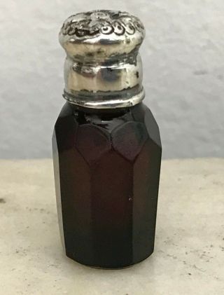 Antique Miniature Perfume Bottle Cut Glass Amethyst Grd Glass Stopper Silver Top