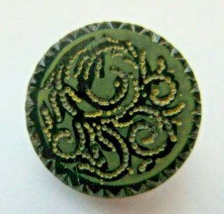 Unique Antique Vtg Victorian Black Glass Button Fired Enamel & Gold Luster (w)