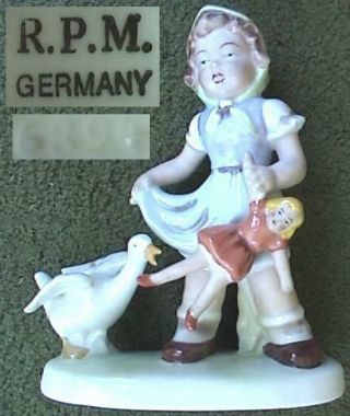 Rpm German Porcelain Girl With Doll & Goose 6894