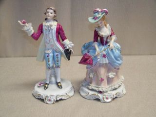 Set Of 2 Vintage Kpm Porcelain Victorian Gentleman And Lady 8 3/4 Inch Figurines