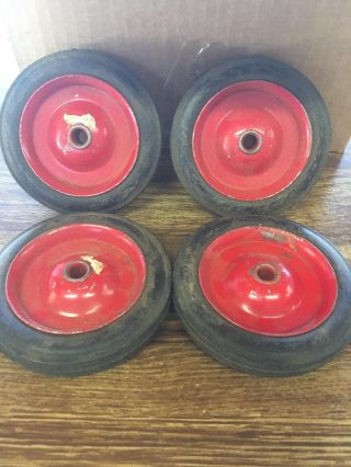 Red Vintage Metal Wheels With Hard Rubber Tires Set Of 4.  3.  5” Wagon?