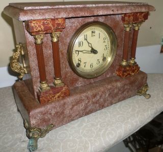 VERY FANCY ANTIQUE SESSIONS USA 1888 WOOD & BRASS 8 DAY CHIMING MANTEL CLOCK 2