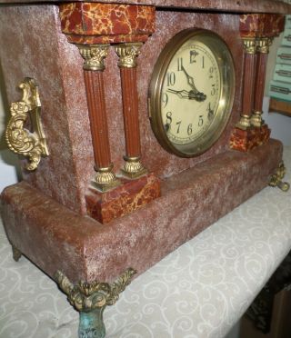 VERY FANCY ANTIQUE SESSIONS USA 1888 WOOD & BRASS 8 DAY CHIMING MANTEL CLOCK 3