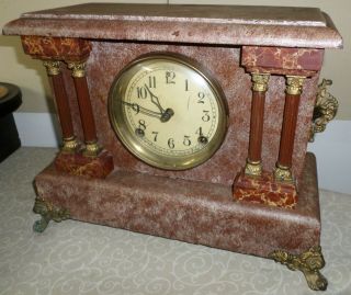 VERY FANCY ANTIQUE SESSIONS USA 1888 WOOD & BRASS 8 DAY CHIMING MANTEL CLOCK 4