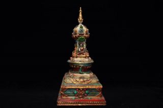 12 " Chinese Antique Tibetan Buddhist Copper Inlaid Gemstone Painting Pagoda