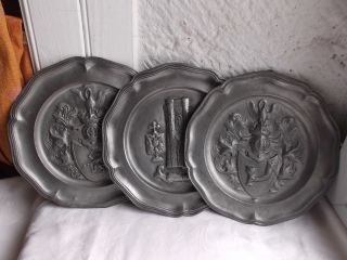 French 3 Of Antique Pewter Plates Wall Hanging Decoration