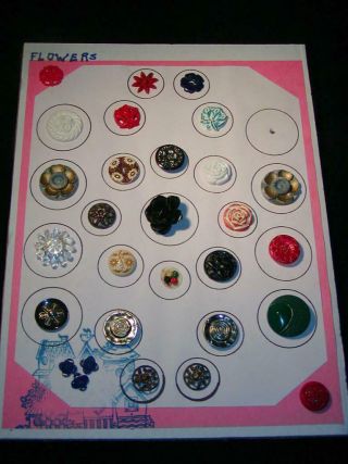 Antique & Vintage Buttons - 29 Buttons,  All Flower Motif,  Carded Back In 1989