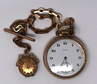 1920 Elgin Pocket Watch 15j 10k Rolled Gold Plate With Pocket Watch Chain