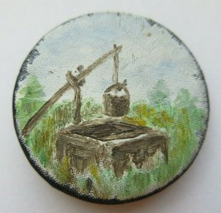Lovely Antique Vtg Hand Painted Silk Fabric Picture Button Well 1 - 1/8 " (w)