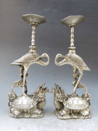 Chinese Old Copper Plating Silver Candlestick Carved Turtle Swa Pair G01