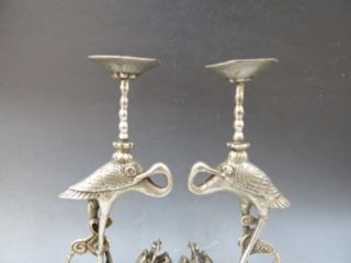 Chinese old copper plating silver Candlestick Carved Turtle Swa Pair g01 3