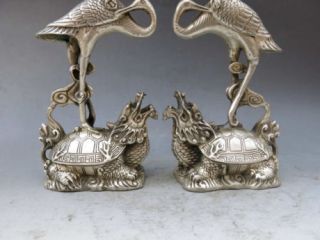 Chinese old copper plating silver Candlestick Carved Turtle Swa Pair g01 4