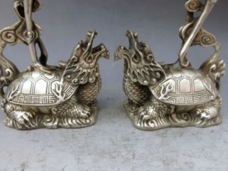 Chinese old copper plating silver Candlestick Carved Turtle Swa Pair g01 5