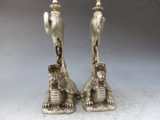 Chinese old copper plating silver Candlestick Carved Turtle Swa Pair g01 6