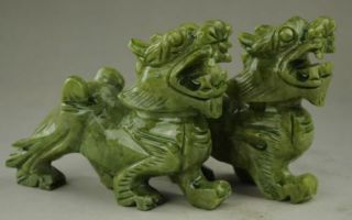 Chinese Natural green Jade Dragon Pixiu Statue Pair 2