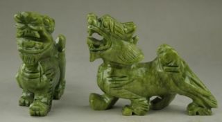 Chinese Natural green Jade Dragon Pixiu Statue Pair 5