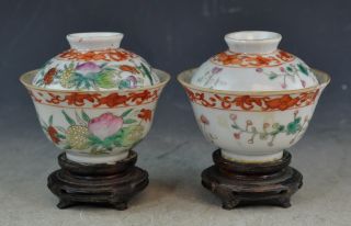 Antiqu.  Chinese Porcelain Covered Cups With Wood Stand Marked