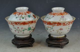 Antiqu.  Chinese Porcelain Covered Cups With Wood Stand Marked 2