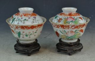 Antiqu.  Chinese Porcelain Covered Cups With Wood Stand Marked 3