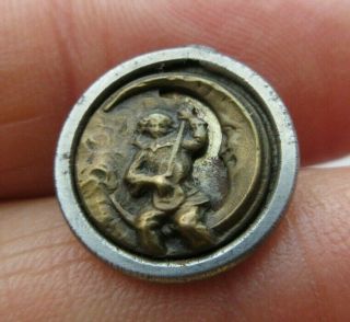 Antique Vtg Victorian Metal Picture Button Man In Moon Steel Cup (w)