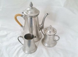 Antique French Pewter Tea Set Signed By Trinac Tea Pot Creamer And Sugar Bowl