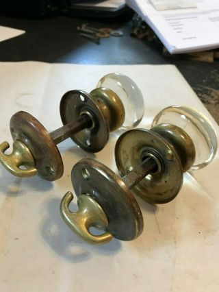 2 ANTIQUE BRASS & GLASS CLOSET DOOR KNOBS WITH ROD SHAFT SPINDLE & INSIDE KNOB 2