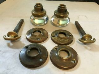 2 ANTIQUE BRASS & GLASS CLOSET DOOR KNOBS WITH ROD SHAFT SPINDLE & INSIDE KNOB 6