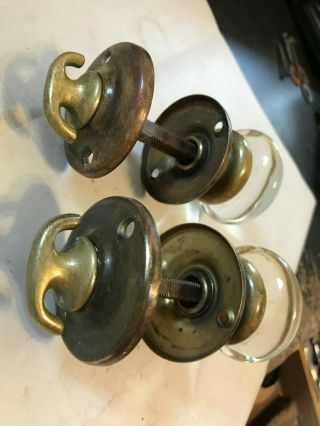 2 ANTIQUE BRASS & GLASS CLOSET DOOR KNOBS WITH ROD SHAFT SPINDLE & INSIDE KNOB 8